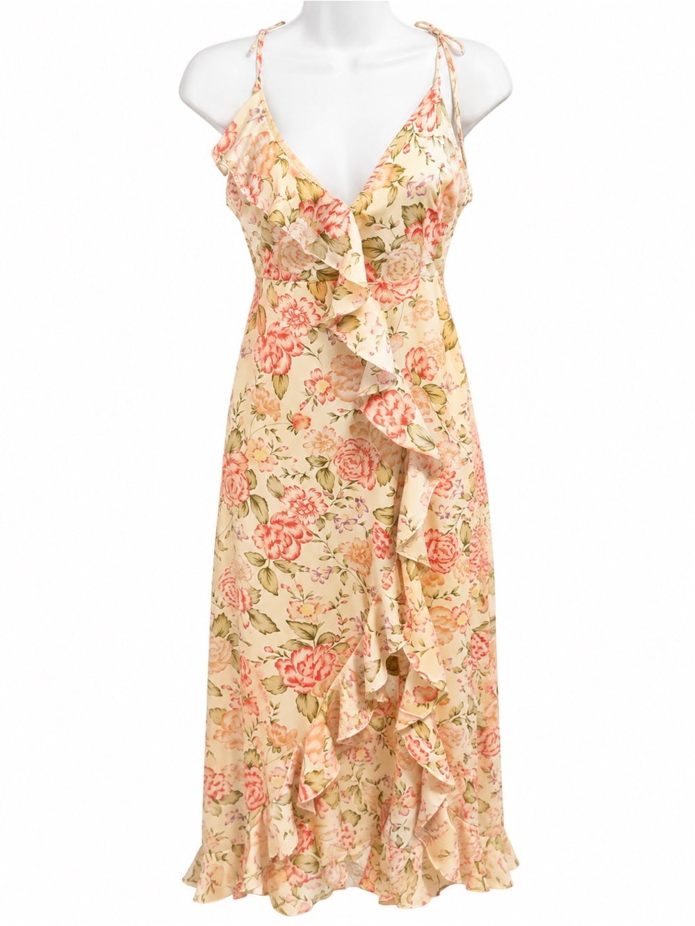 Dress Forum Cream Floral Ruffle Wrap Dress with Coral Blooms
